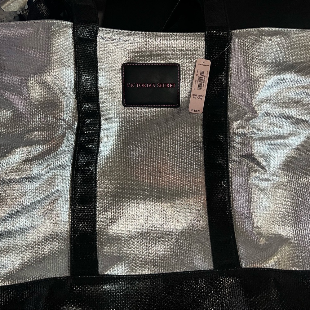 Victoria's Secret Metallic Silver Tote with Black Trim